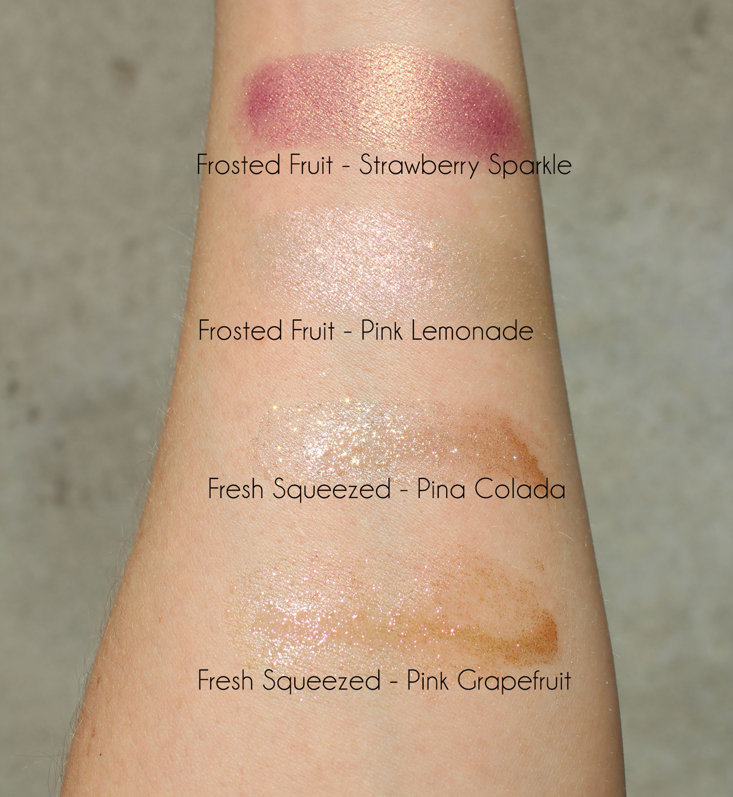 Too Faced Tutti Frutti Frosted Fruits Highlighter Sticks swatches by cruelty free blog My Beauty Bunny