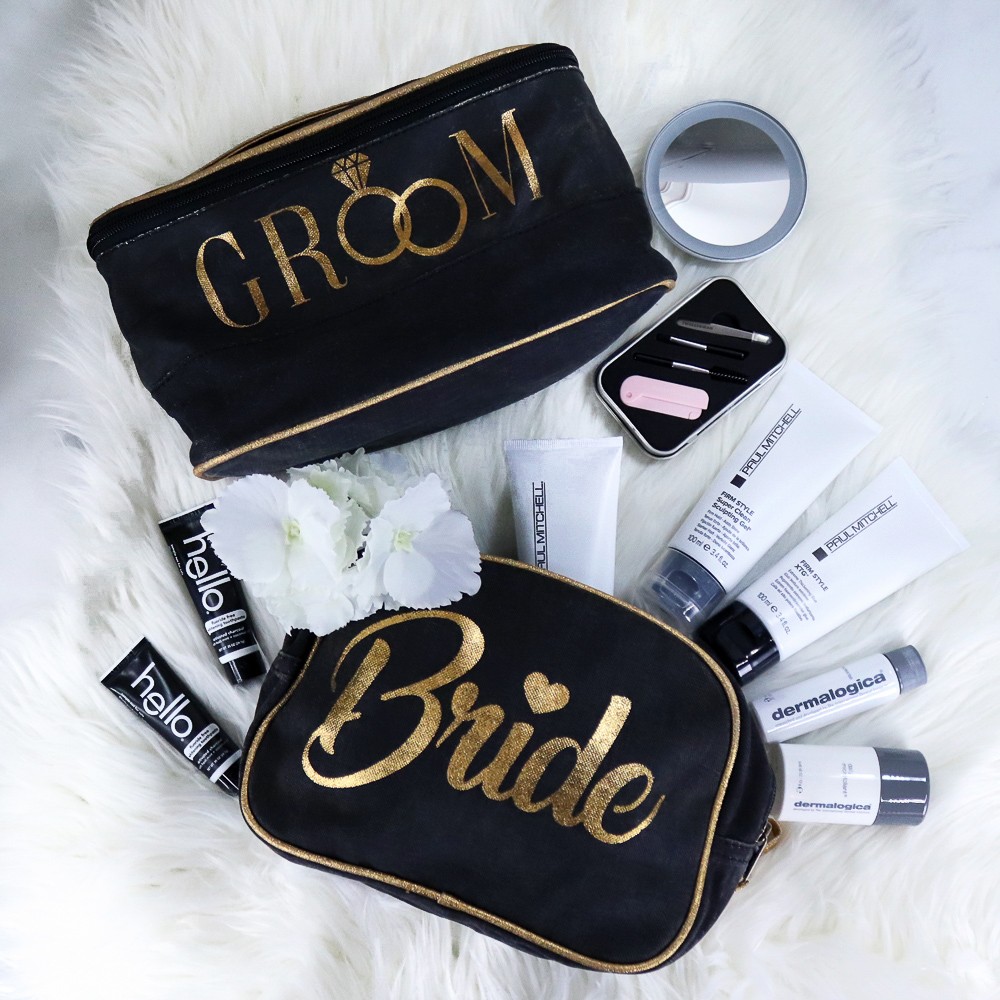 Bride and Groom Wedding Toiletry Bags and Cruelty Free Travel Size Beauty Products