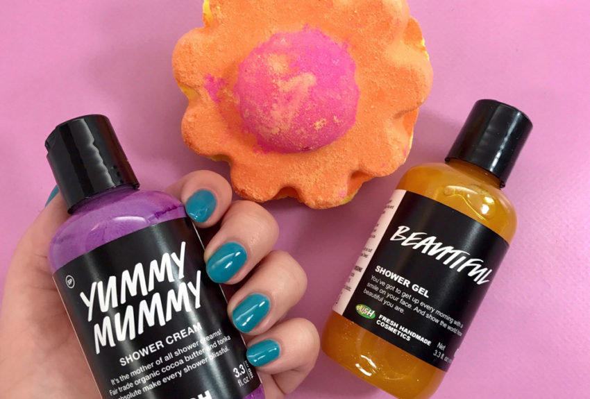 lush yummy mummy shower cream, lush beautiful shower gel, lush ups-a-daisy bath bomb