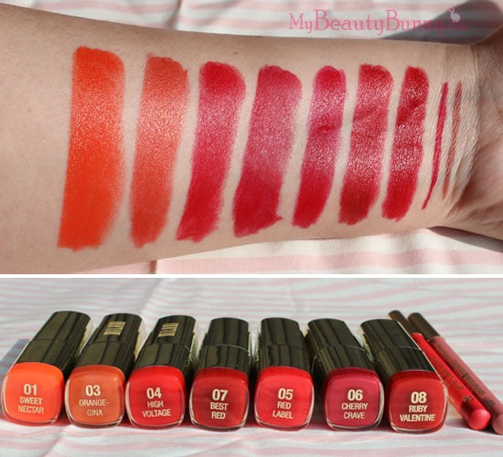 Milani red orange lipstick swatches