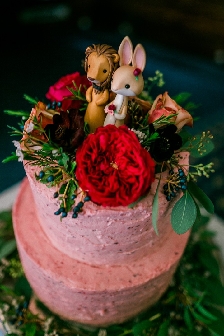 Bunny Rabbit and Lion Wedding Cake Topper - Pink Wedding Cake with Red Flowers and Greenery
